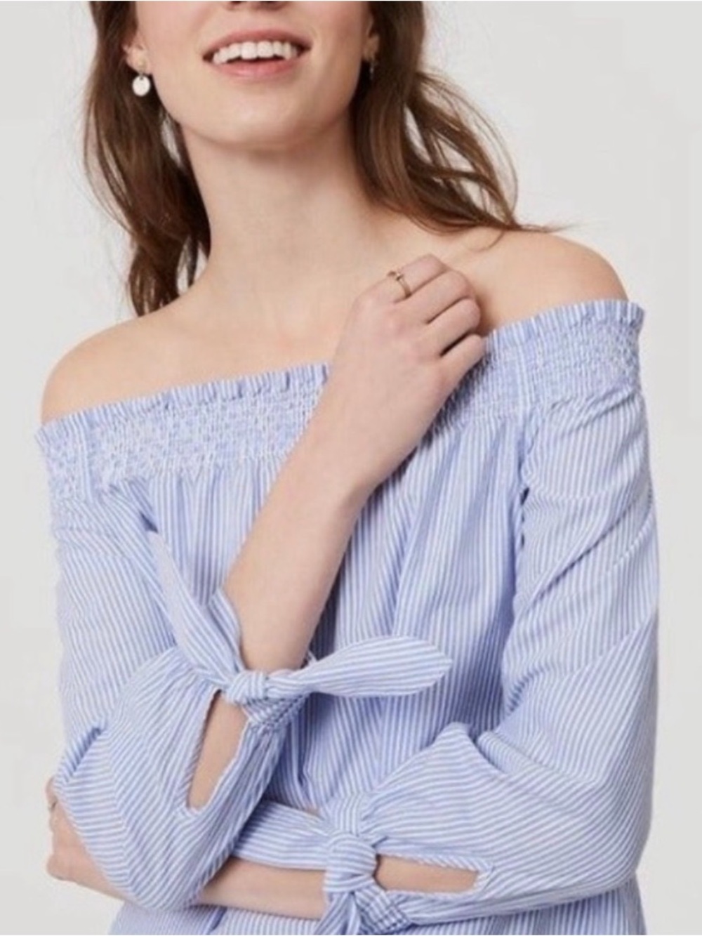 Loft off the shoulder Blue/White Striped Cotton Top Elasticated Tie 3/4 Sleeves
